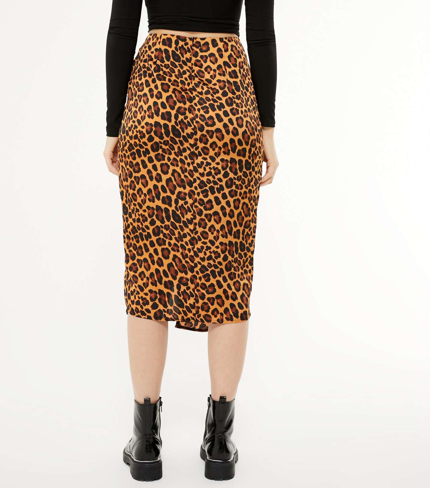 Brown Leopard Print Satin Knot Midi Skirt  Image 3