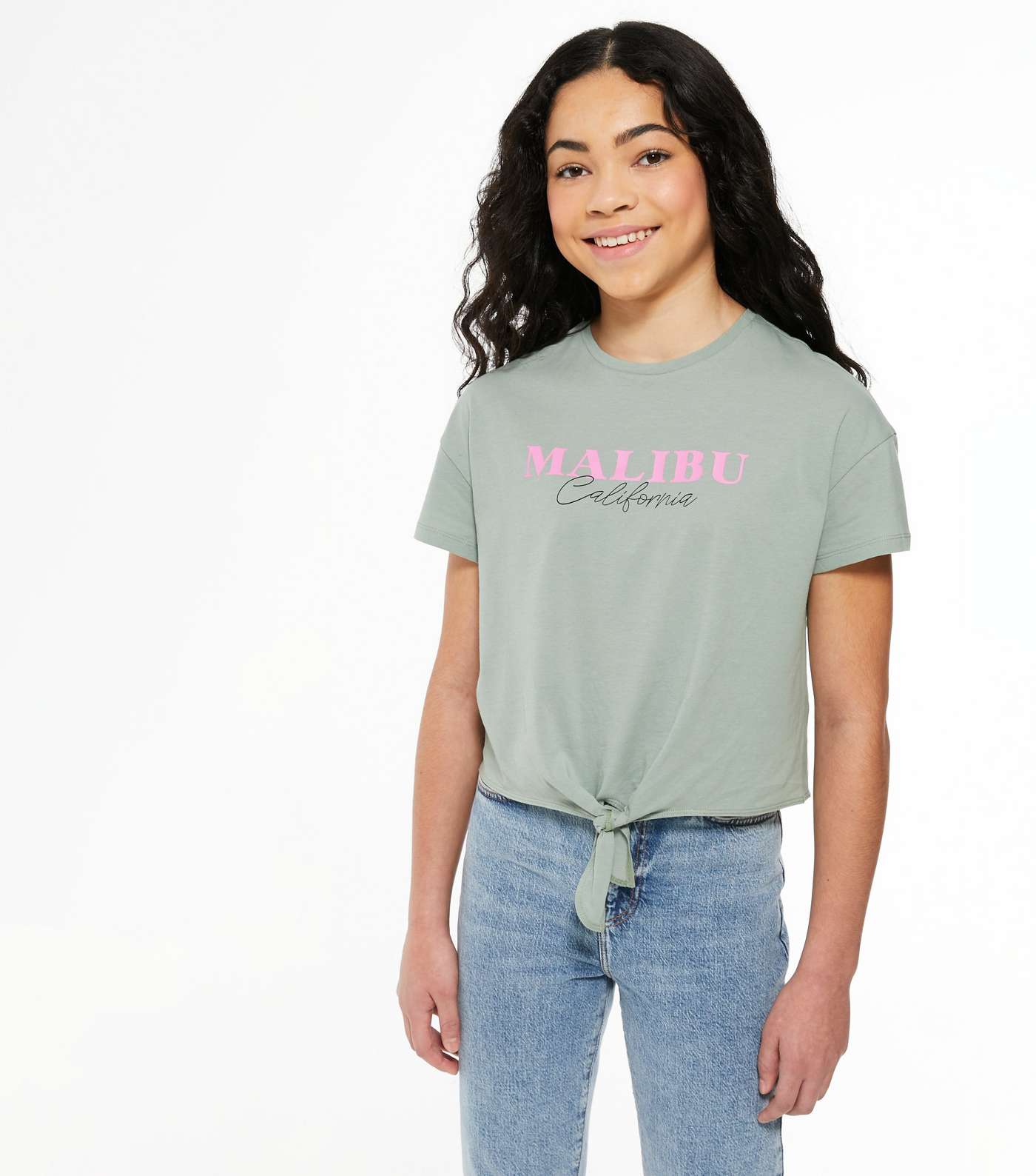 Girls Light Green Malibu Logo Tie Front T-Shirt