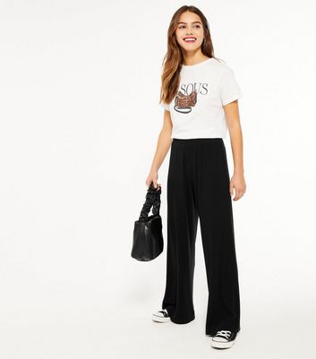 Petite Black Ribbed High Waist Wide Leg 