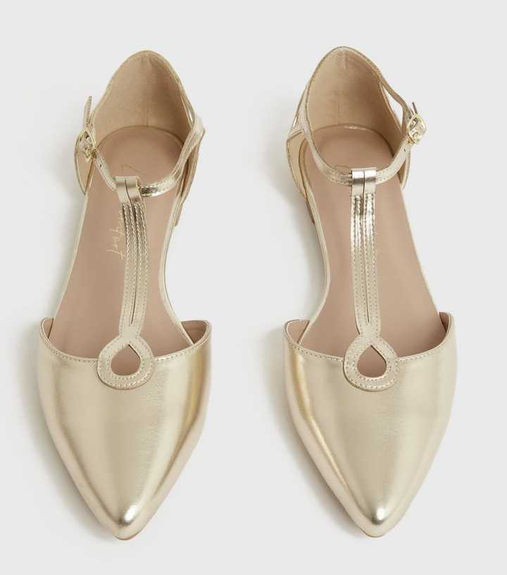 Gold T-Bar Keyhole Pointed Ballet Pumps | New Look
