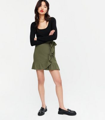 Khaki Ruffle Wrap Mini Skirt | New Look