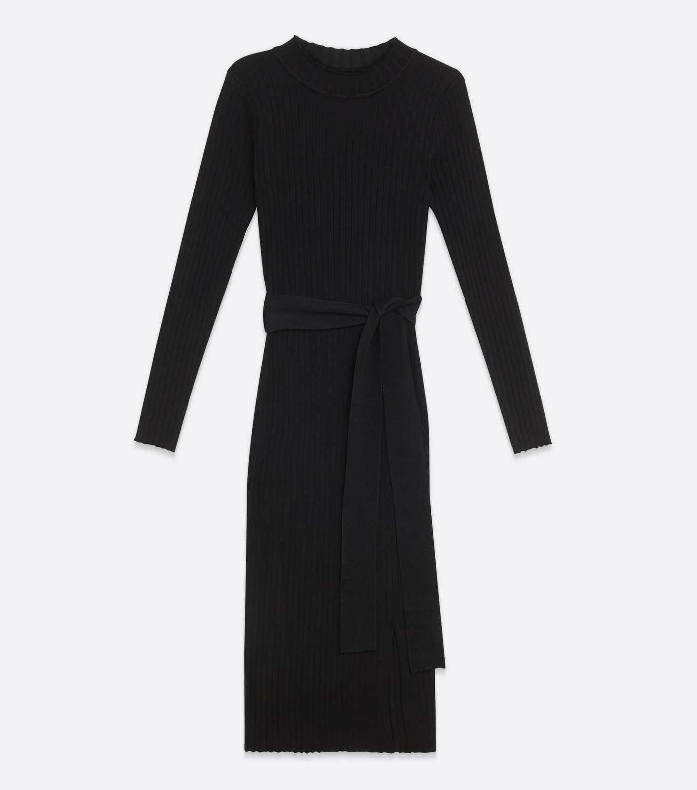 Black Ribbed Knit Tie Waist Midi Dress Image 5