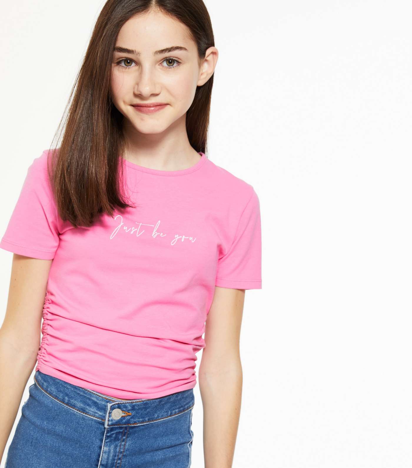 Girls Bright Pink Logo Ruched Side T-Shirt