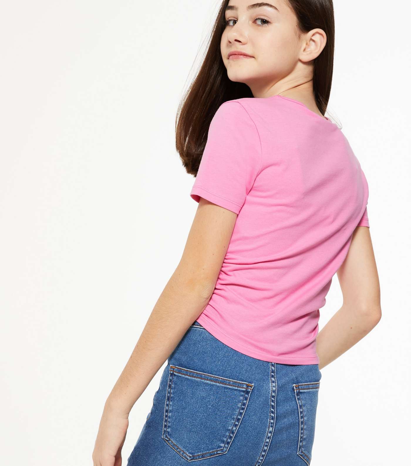 Girls Bright Pink Logo Ruched Side T-Shirt Image 3