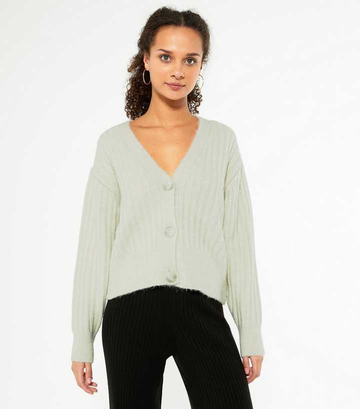 Light Green Ribbed Knit Boxy Cardigan 