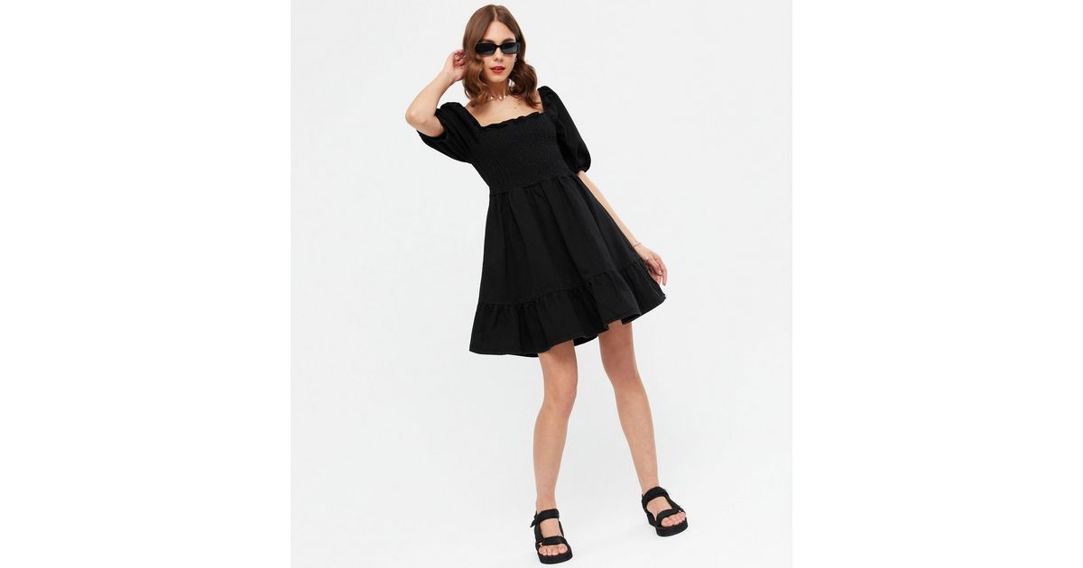 Black Denim Shirred Smock Dress New Look