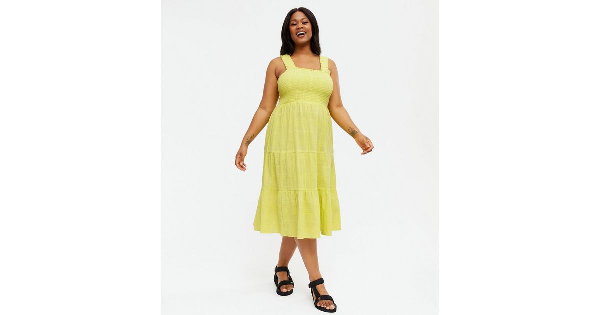 Curves Pale Yellow Square Neck Tiered Midi Dress | New Look