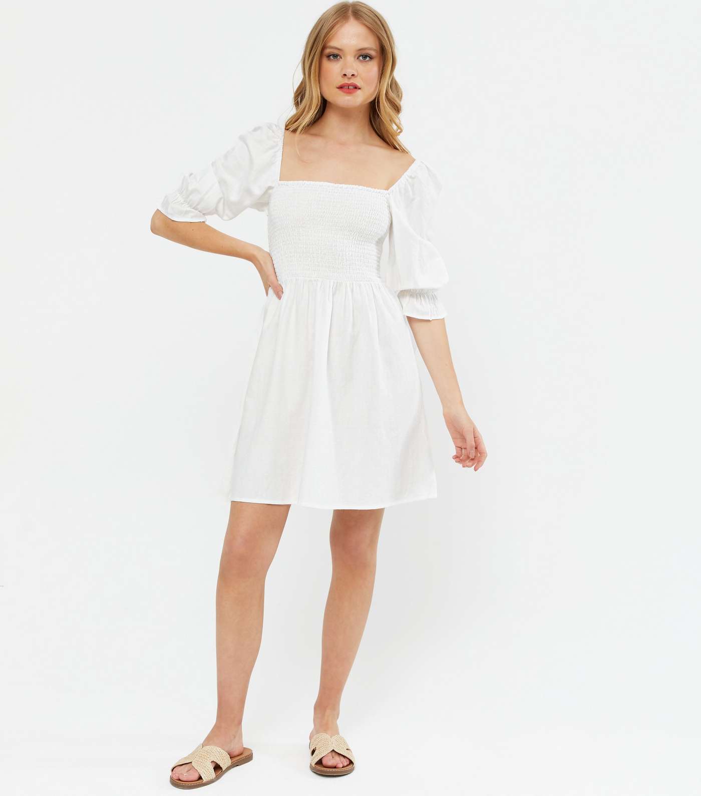 White Textured Shirred Mini Dress Image 2