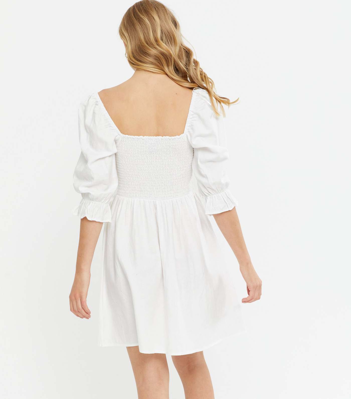 White Textured Shirred Mini Dress Image 4