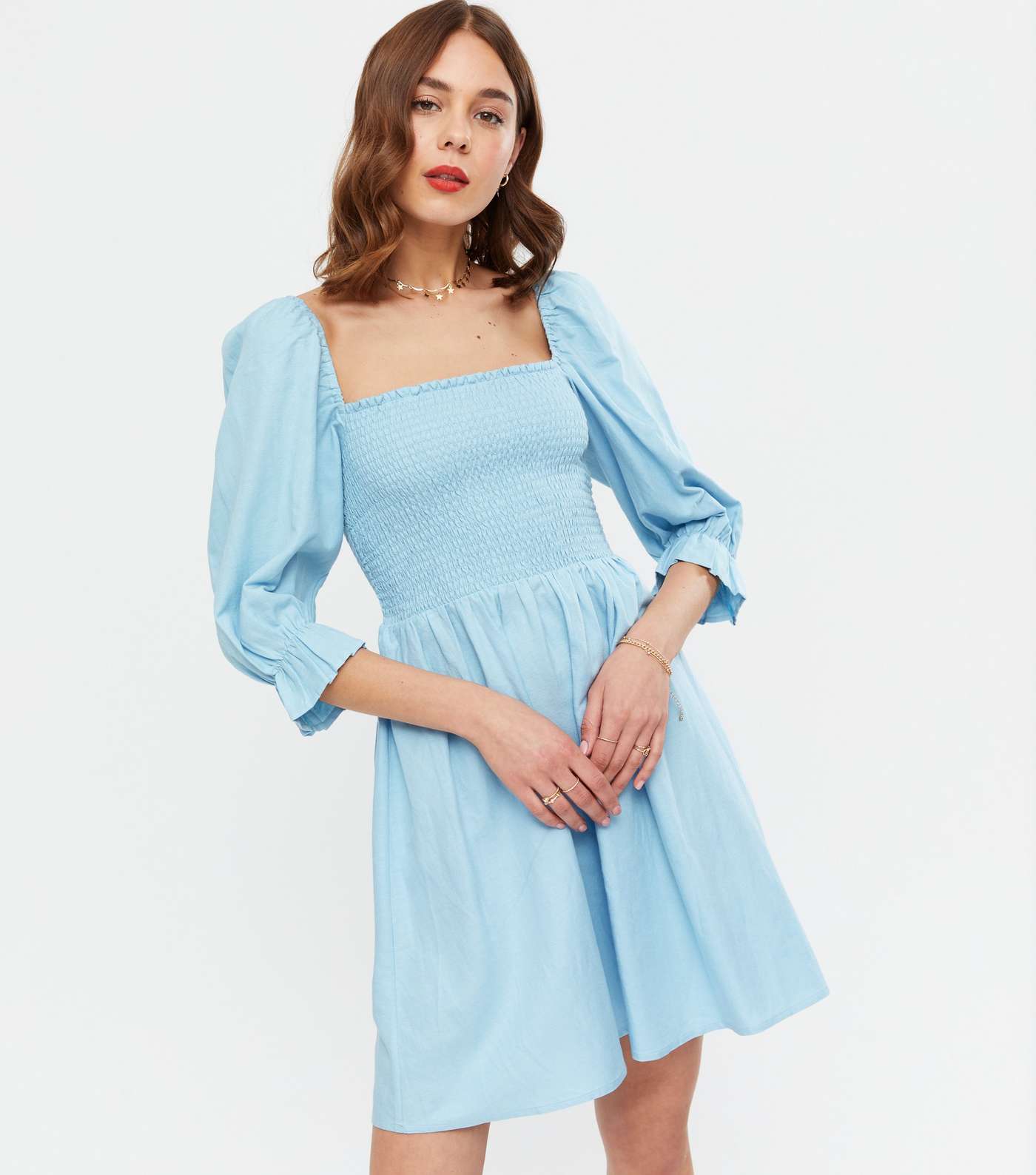 Pale Blue Textured Shirred Mini Dress