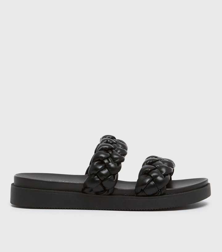 Black Leather-Look Chunky Plaited Sliders 