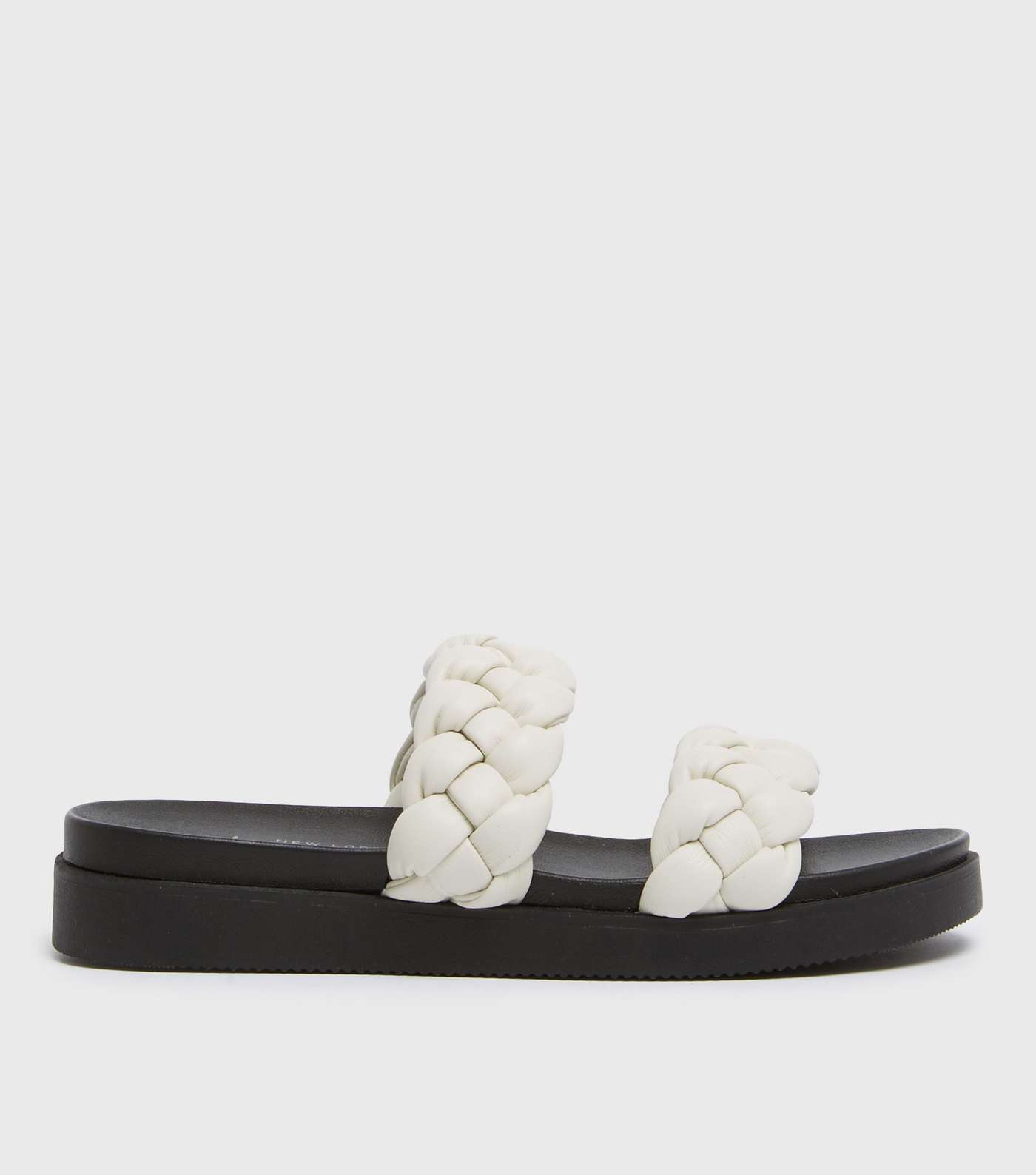 Off White Leather-Look Chunky Plaited Sliders 