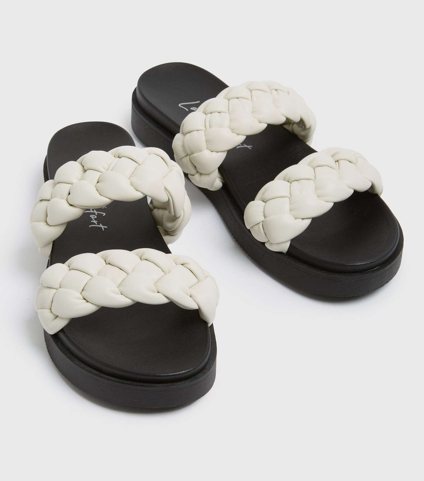 Off White Leather-Look Chunky Plaited Sliders  Image 3