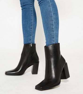 Black Square Toe Heeled Ankle Boots 