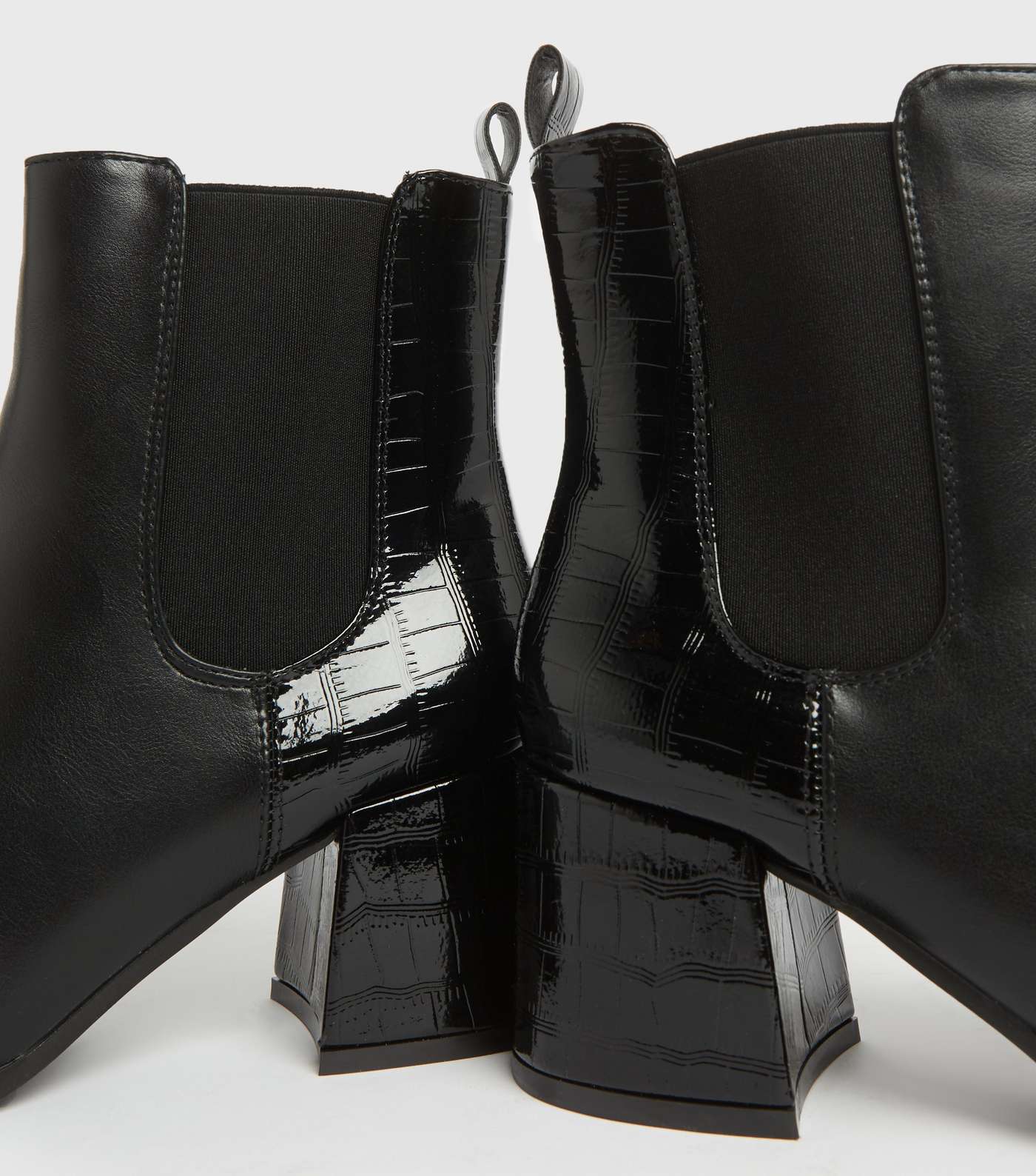 Black Patent Faux Croc Heeled Chelsea Boots Image 3