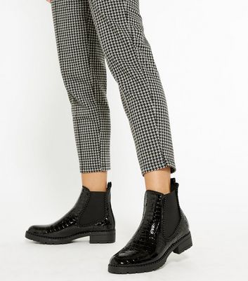 Image of Black Patent Faux Croc Chelsea Boots New Look
