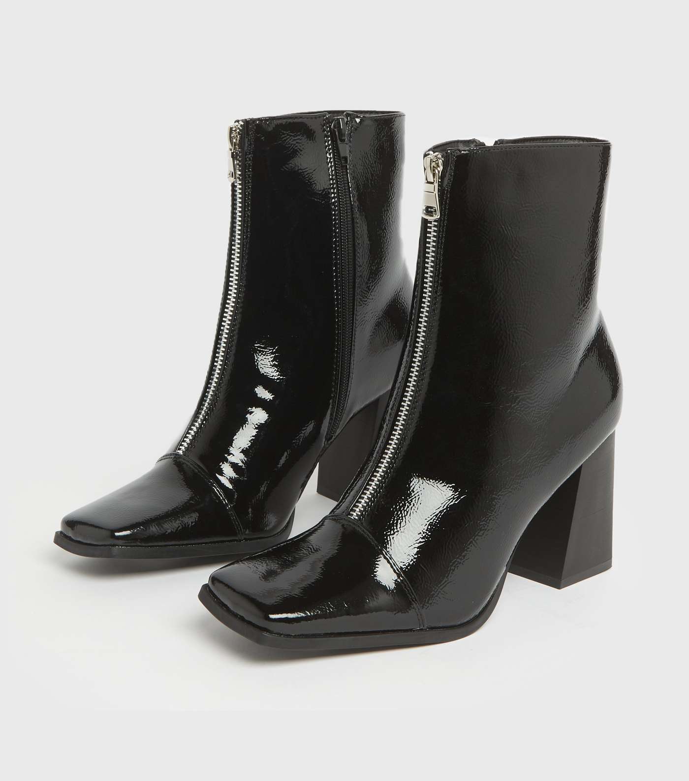 Black Patent Flared Heel Zip Ankle Boots Image 2