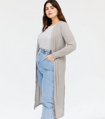 grey ribbed knitted midi cardigan