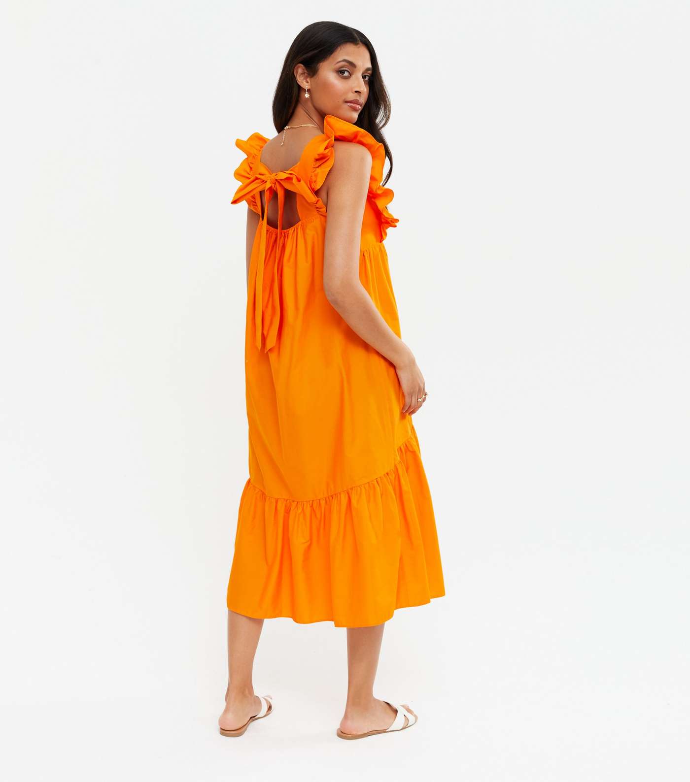 Orange Square Neck Frill Tiered Midi Smock Dress Image 4