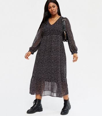 Curves Black Spot Tiered Midi Dress | New Look