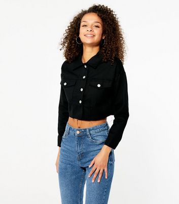 Black cropped denim shop jacket new look