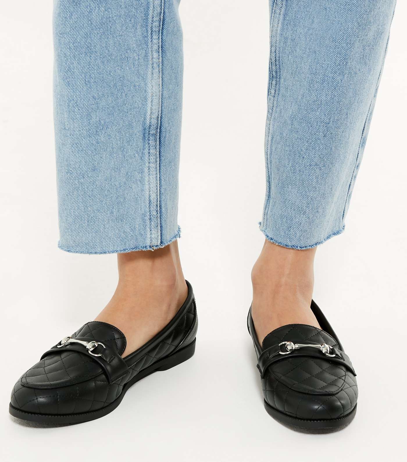 Black Quilted Metal Bar Loafers