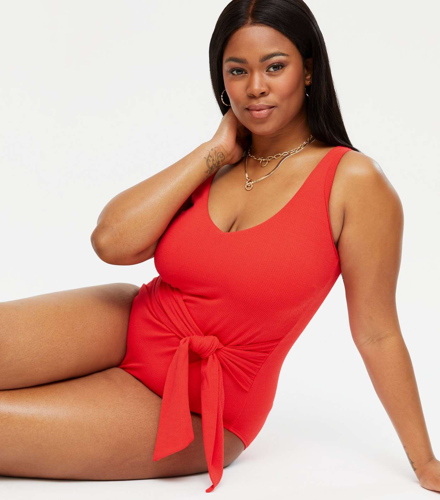 Curves Red Tie Front Scoop Neck Swimsuit