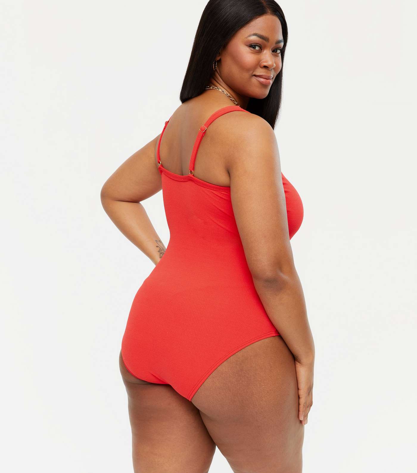 Curves Red Tie Front Scoop Neck Swimsuit Image 3