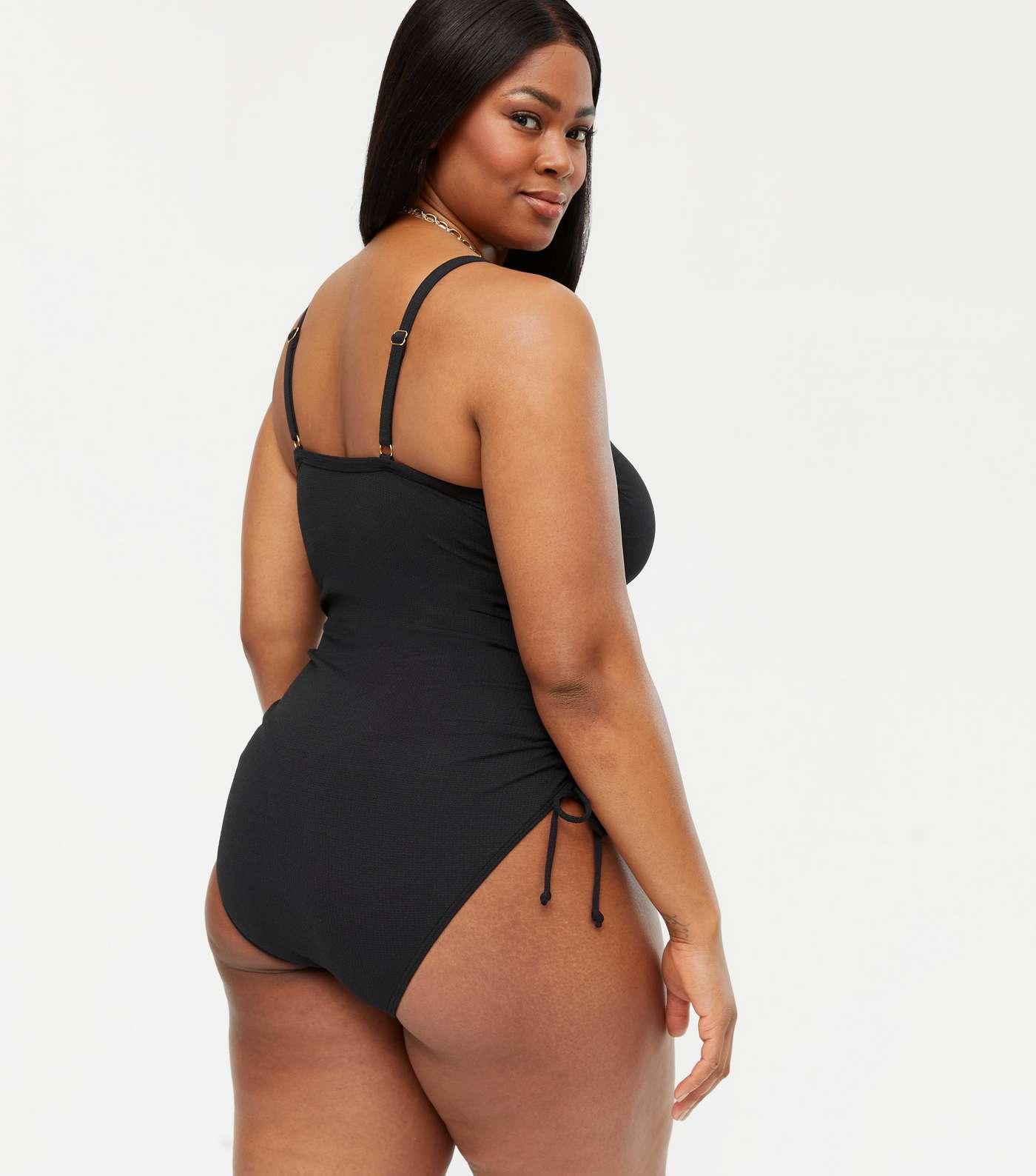 Curves Black Ruched Tie Side Swimsuit Image 3