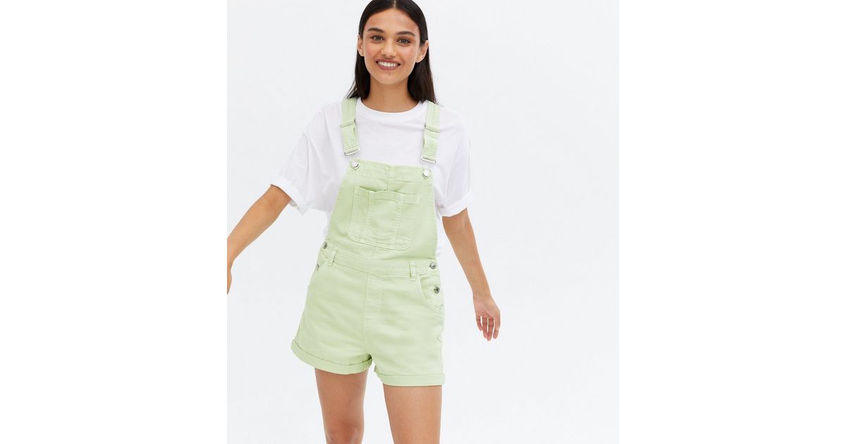 Light Green Denim Short Dungarees New Look