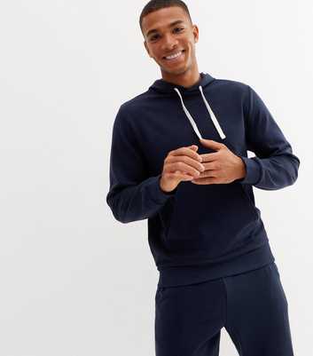 Navy Jersey Pocket Front Long Sleeve Hoodie