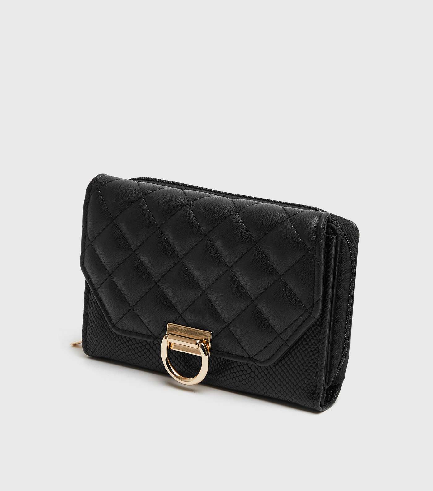 Black Quilted Leather-Look Clasp Purse