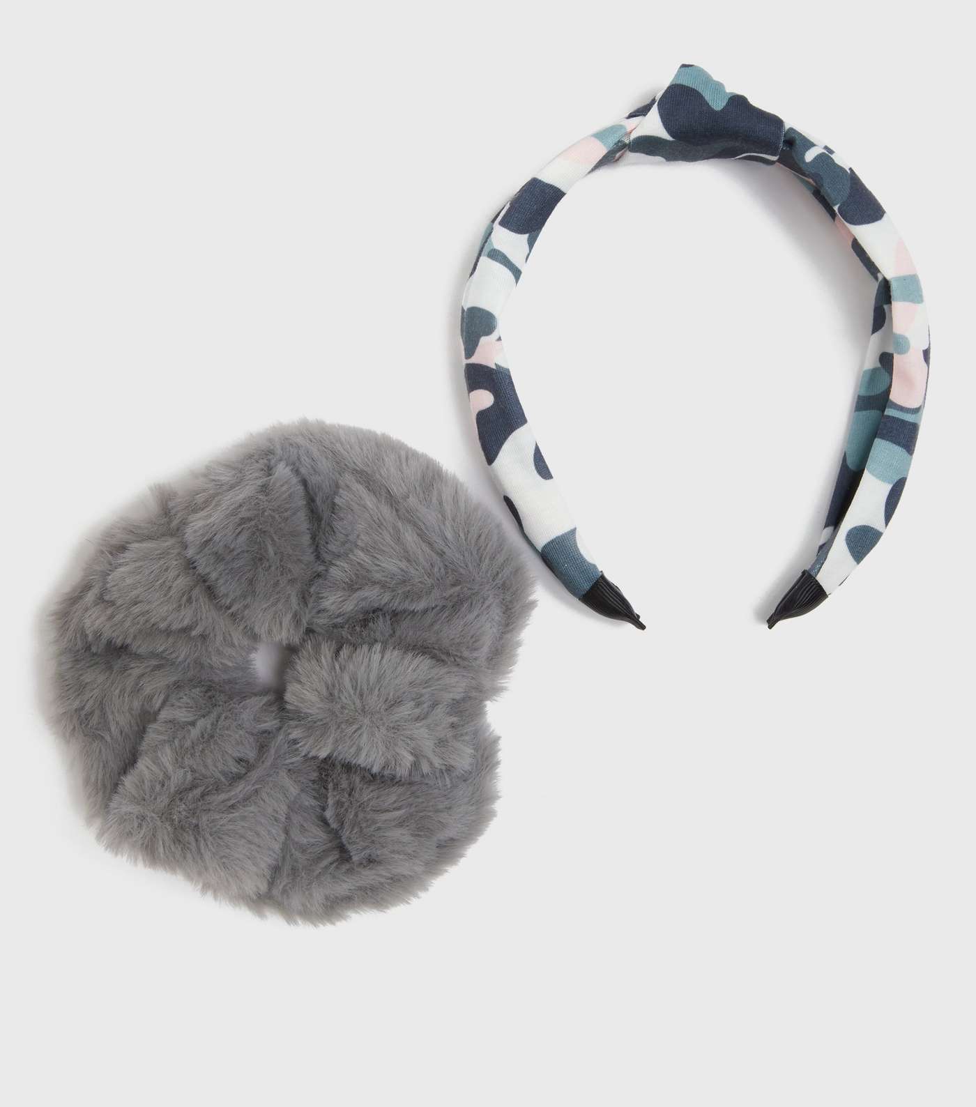 Girls Grey Camo Headband and Fluffy Scrunchie Set