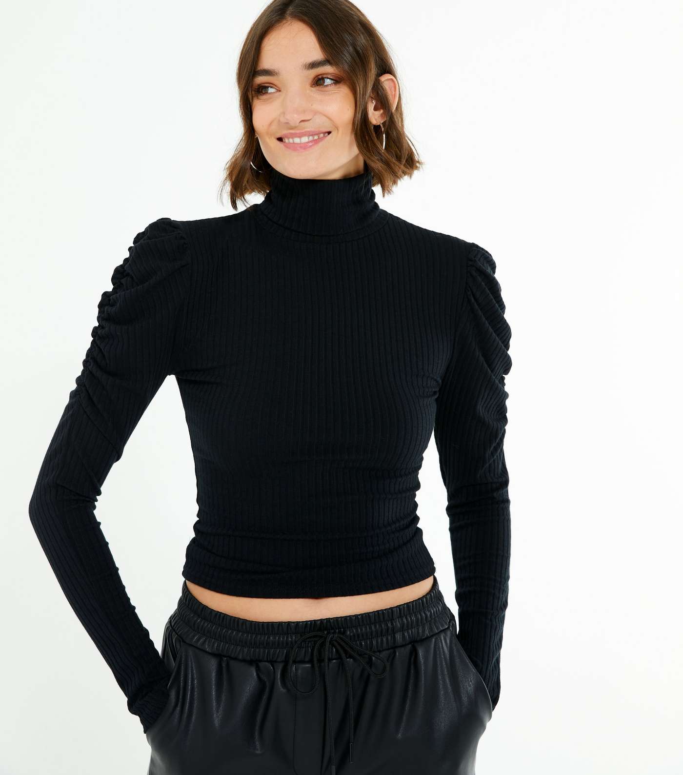 Black High Neck Puff Sleeve Ribbed Top