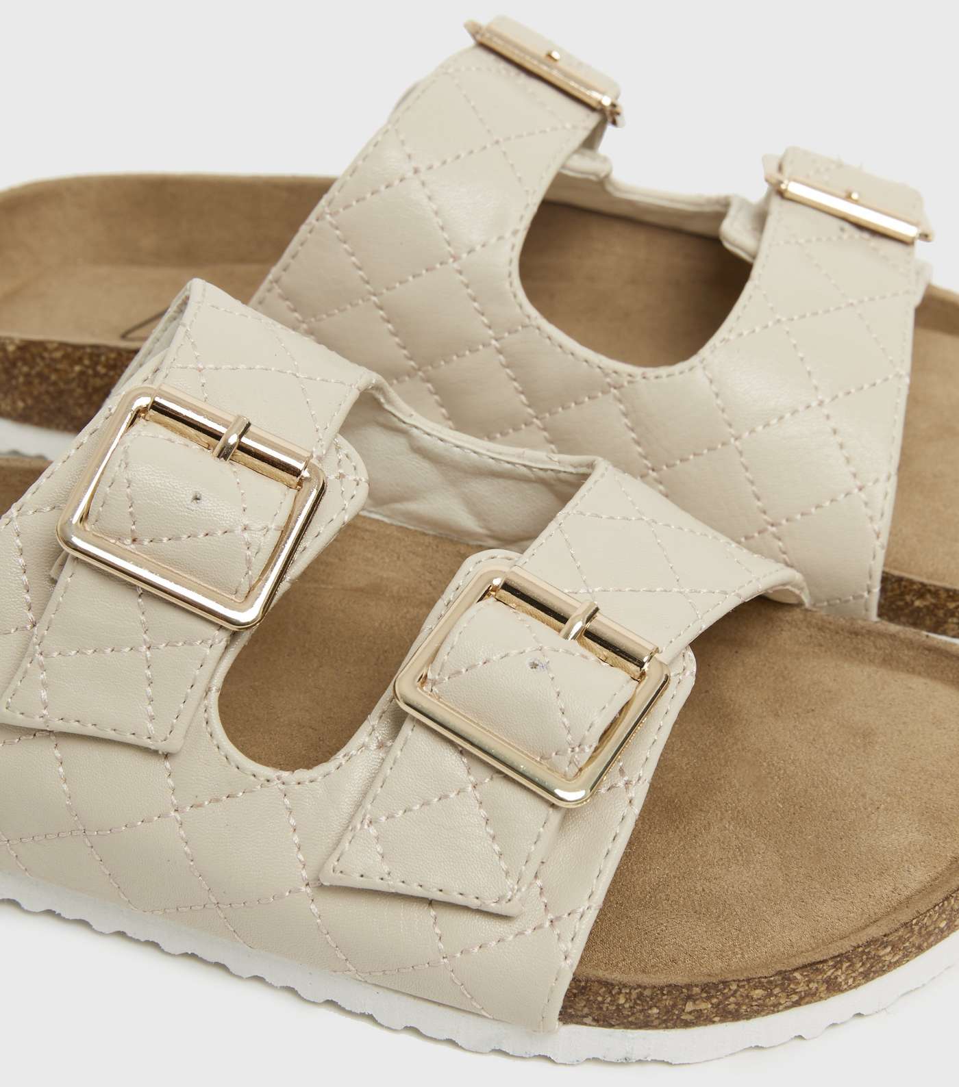 Girls Off White Quilted Buckle Strap Footbed Sliders Image 4