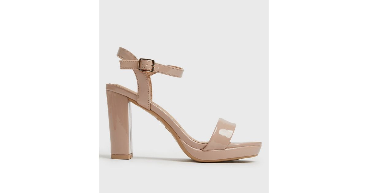 Cream Patent Block Heel Sandals New Look