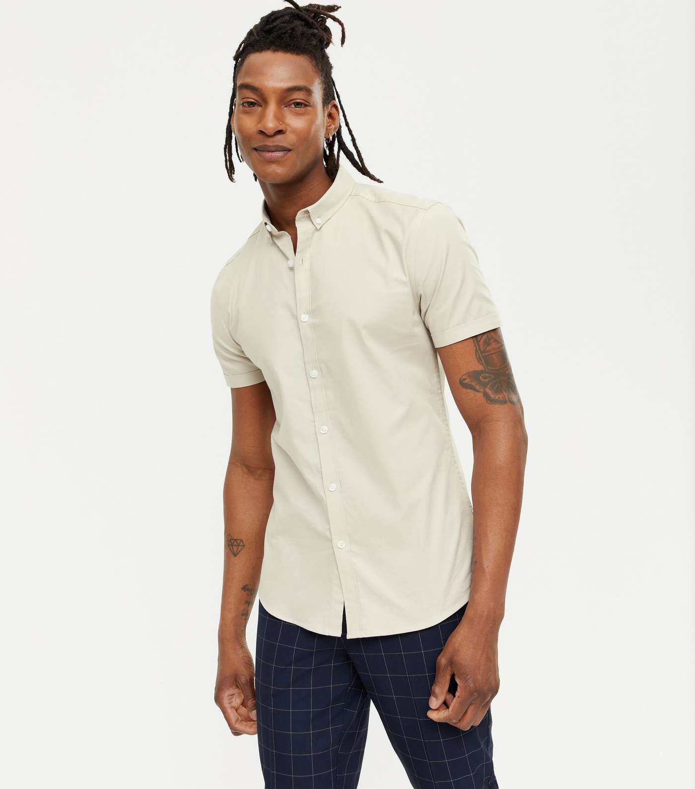 Stone Short Sleeve Muscle Fit Oxford Shirt