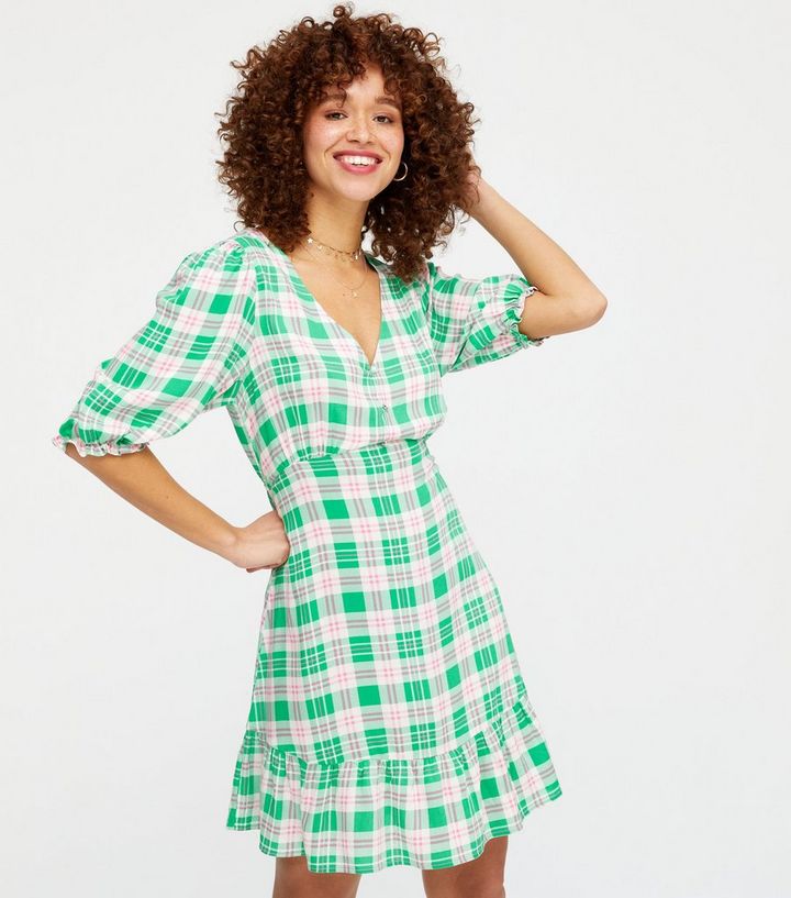 Green Check Button Front Tiered Mini Dress New Look