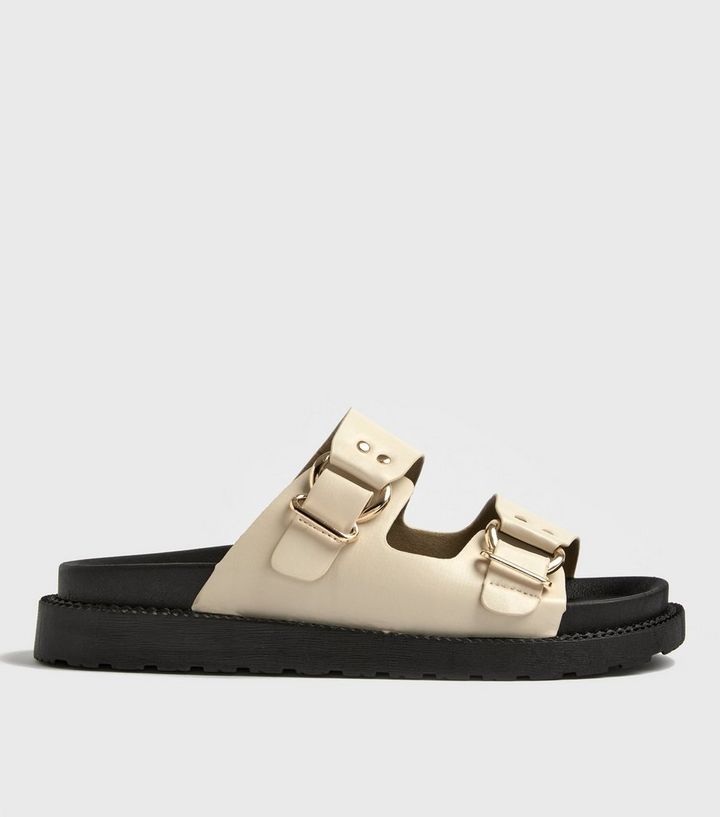 Off White Leather-Look Buckle Strap Sliders New Look