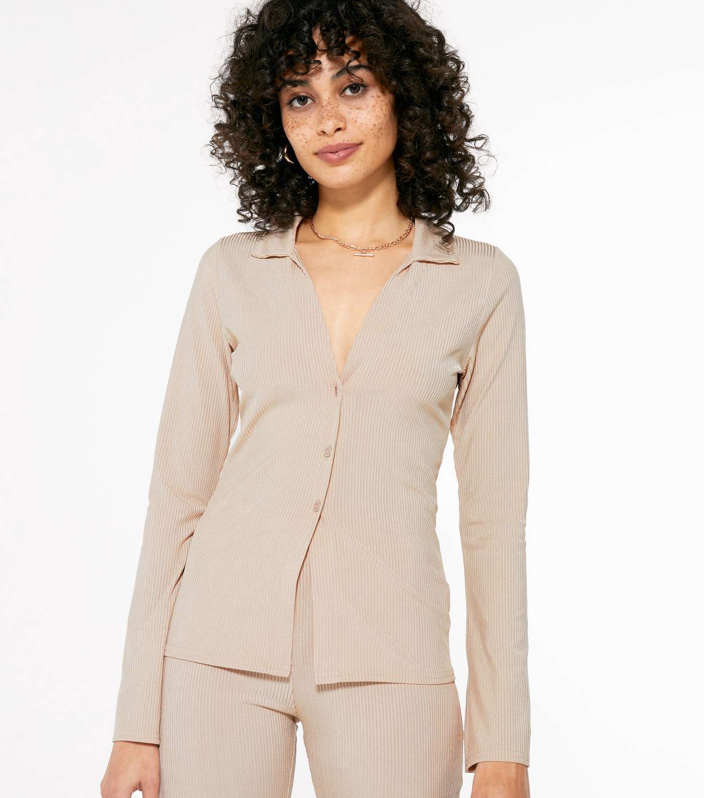 Camel Ribbed Button Front Shirt 