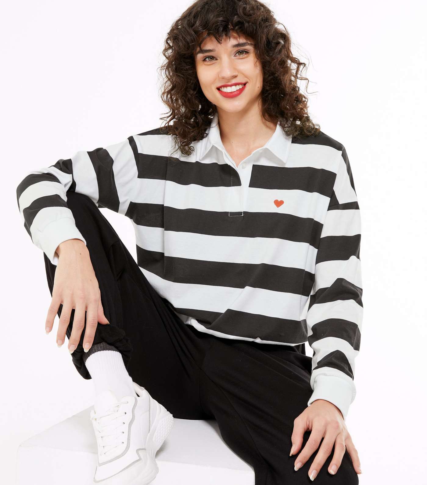 Black Stripe Heart Embroidered Rugby Top 