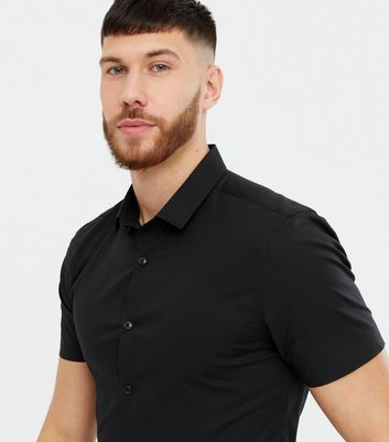 Black Poplin Short Sleeve Muscle Fit Shirt | New Look