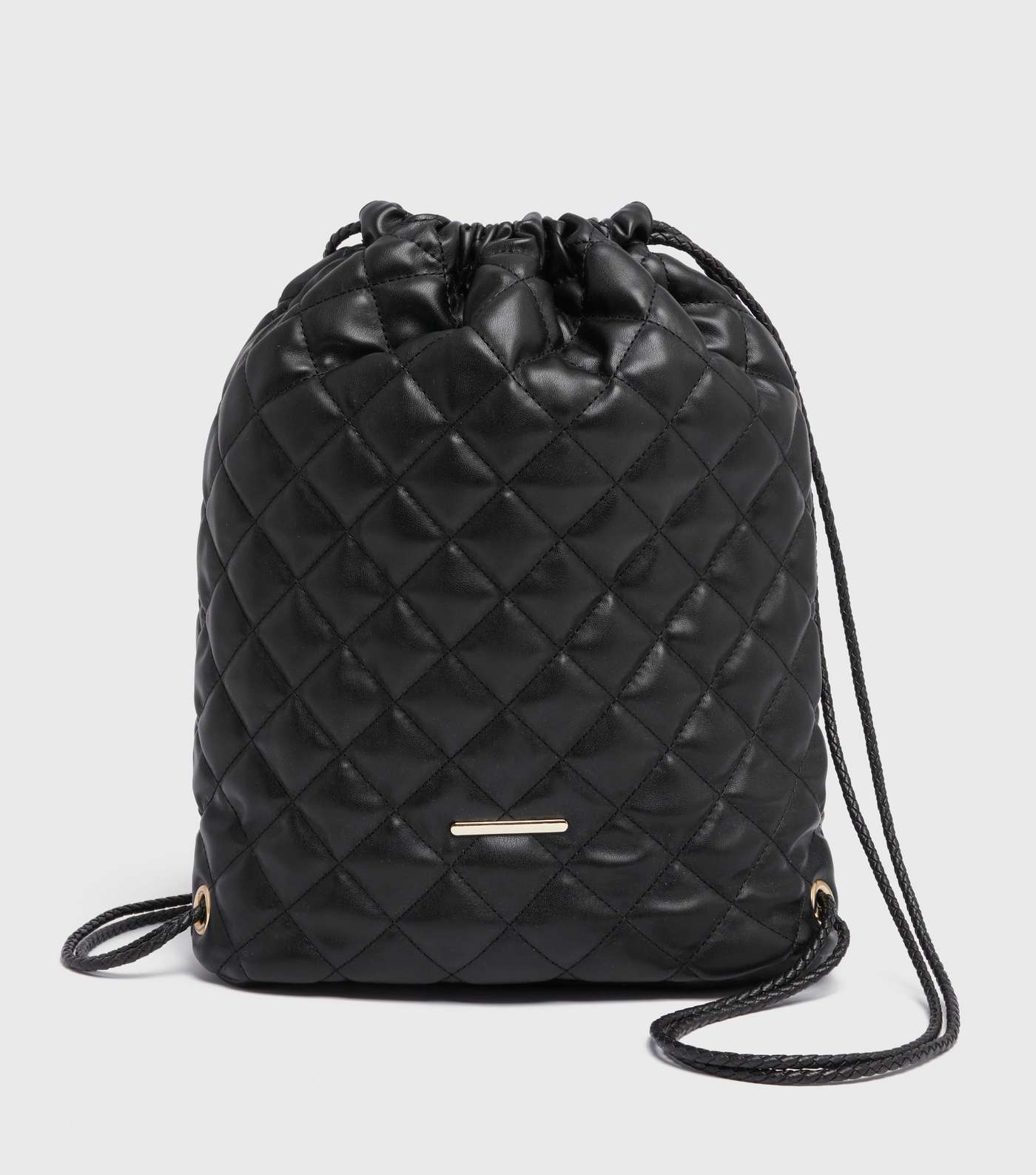 Black Leather-Look Quilted Drawstring Backpack