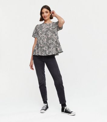 Black Floral Peplum Top New Look