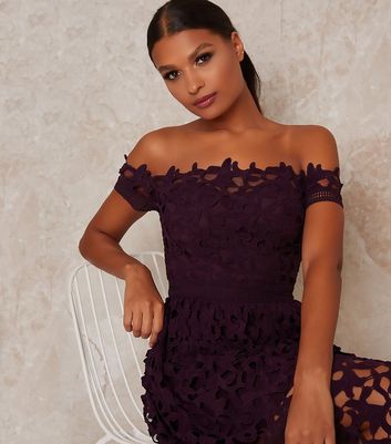 Image of Chi Chi London Dark Purple Laser Cut Bardot Dress New Look