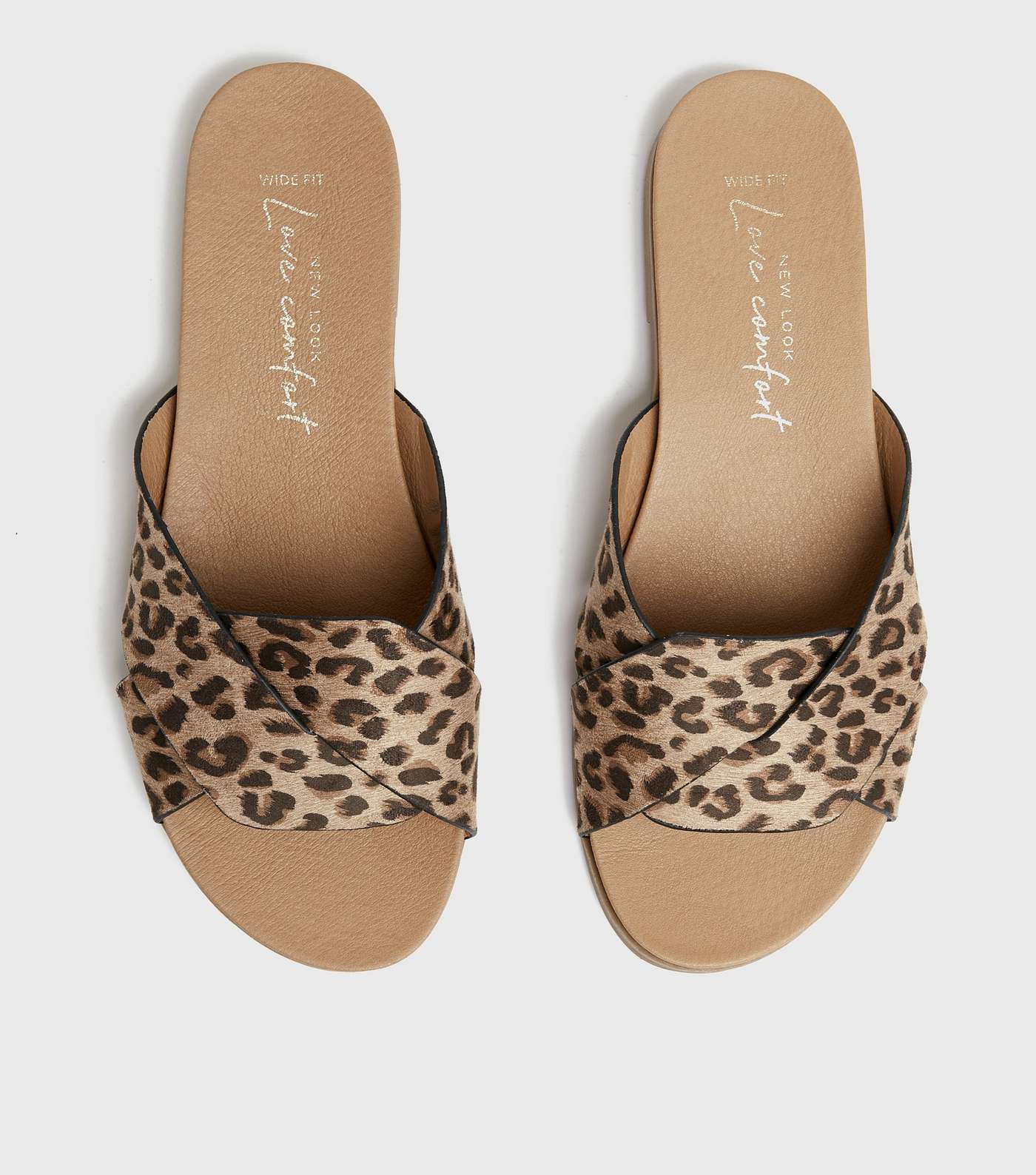 Wide Fit Stone Leopard Print Strap Footbed Sliders