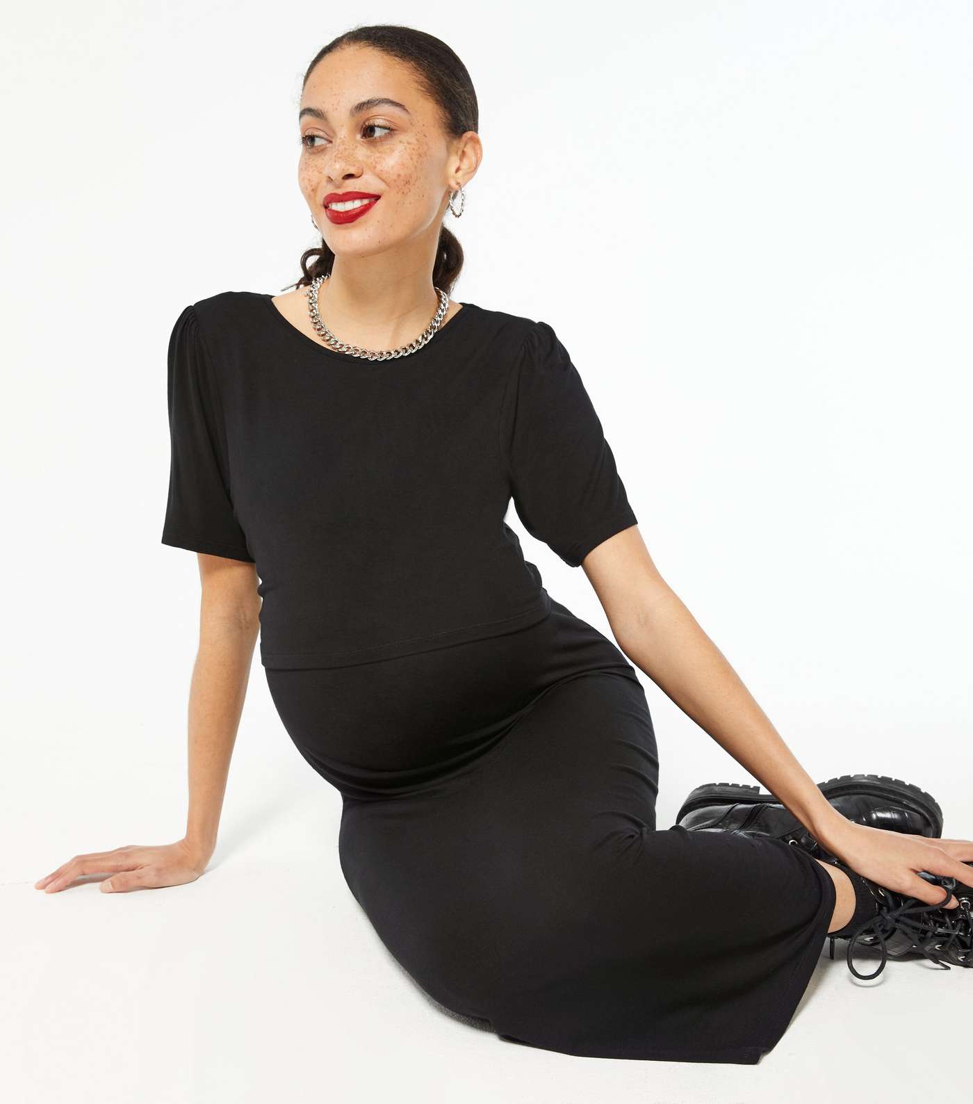 Maternity Black Puff Sleeve Nursing Dress Image 2