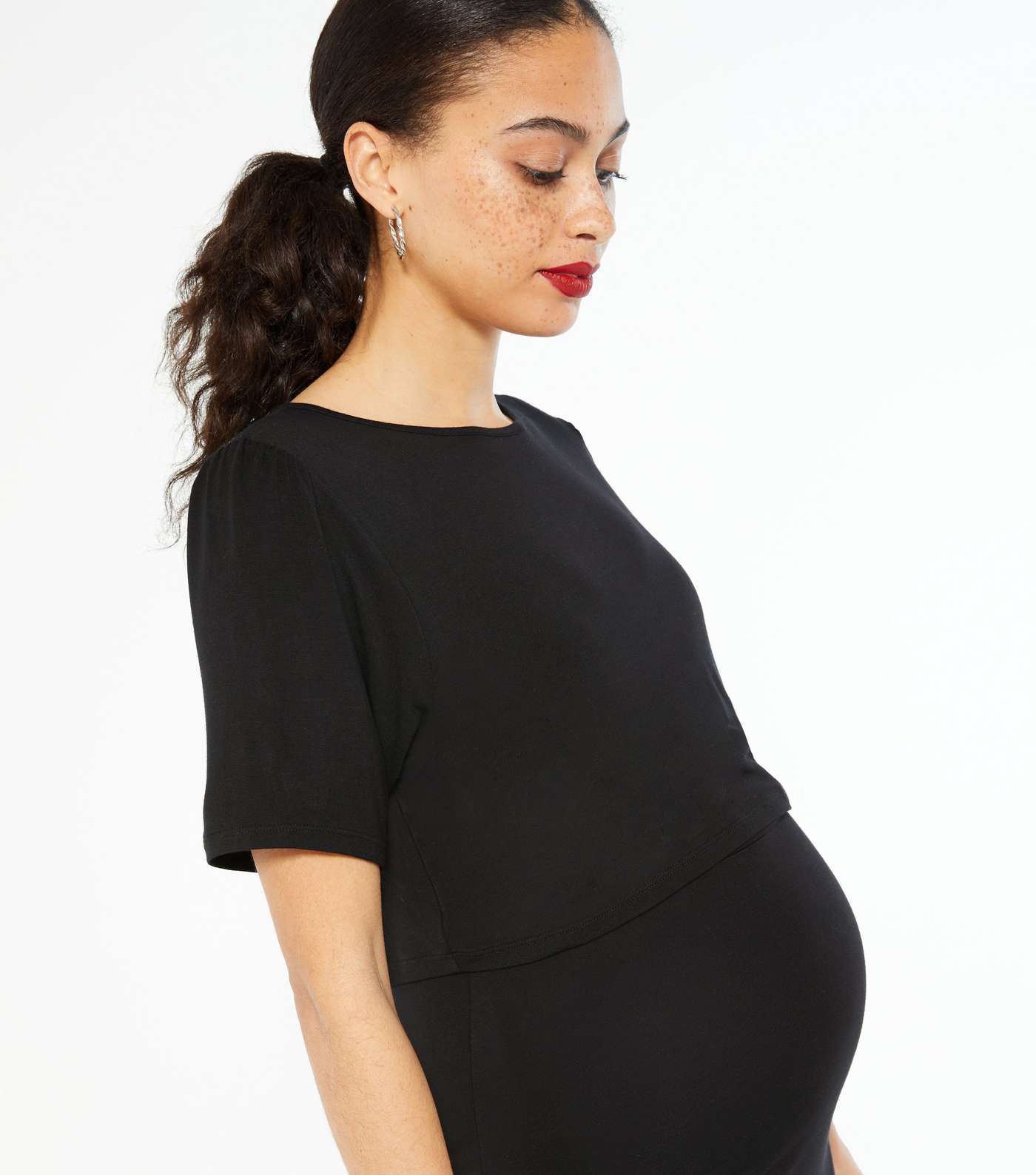Maternity Black Puff Sleeve Nursing Dress Image 4