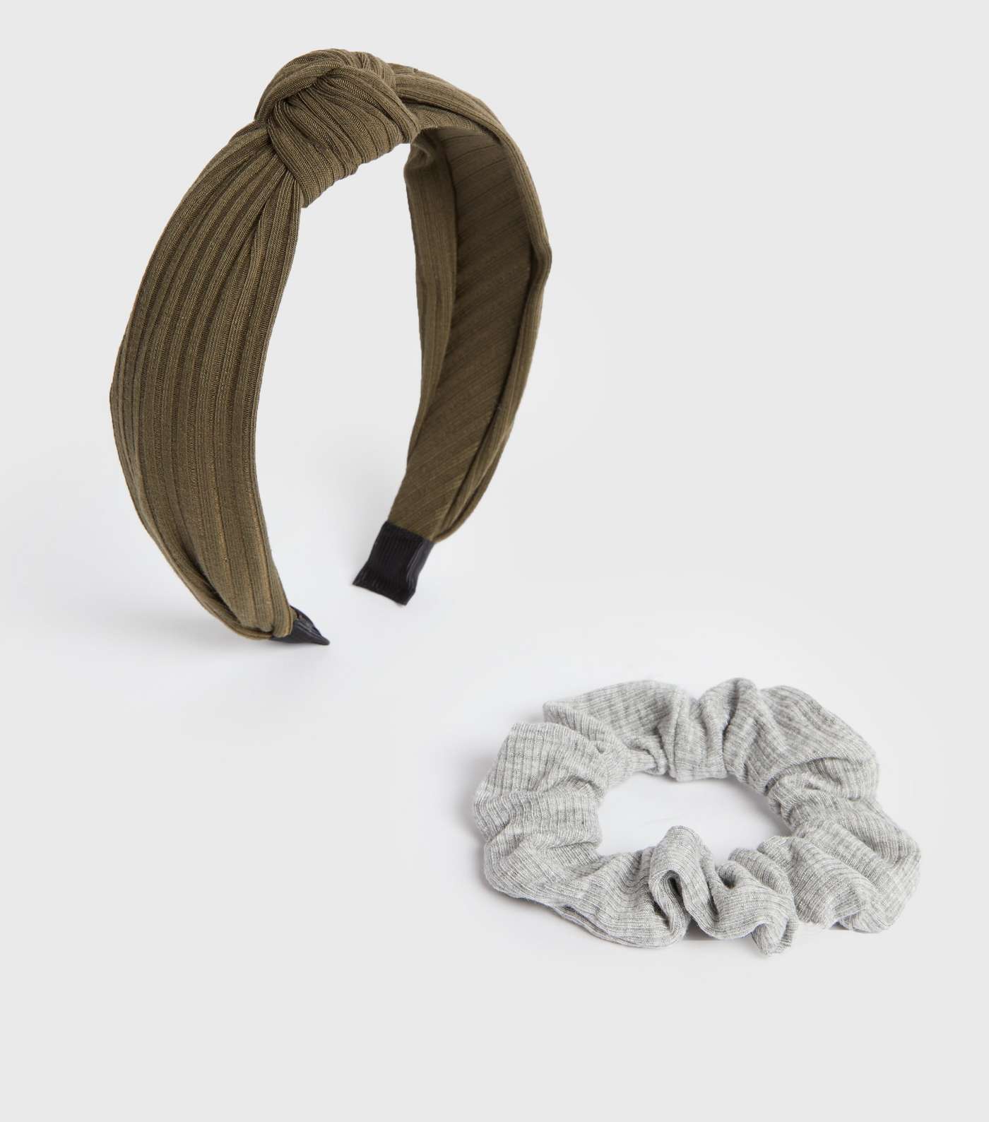 Khaki and Grey Ribbed Headband and Scrunchie Set