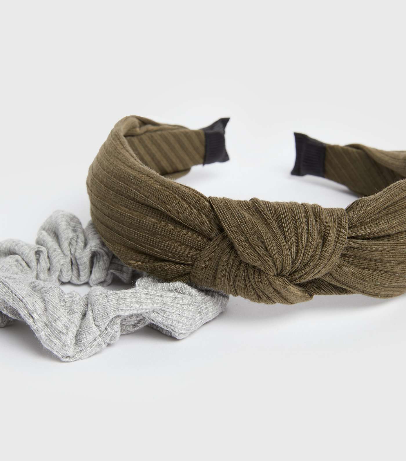 Khaki and Grey Ribbed Headband and Scrunchie Set Image 3